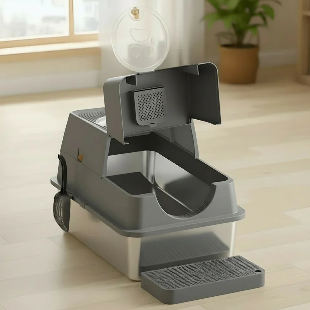 Flip-Top Stainless Steel Cat Litter Box