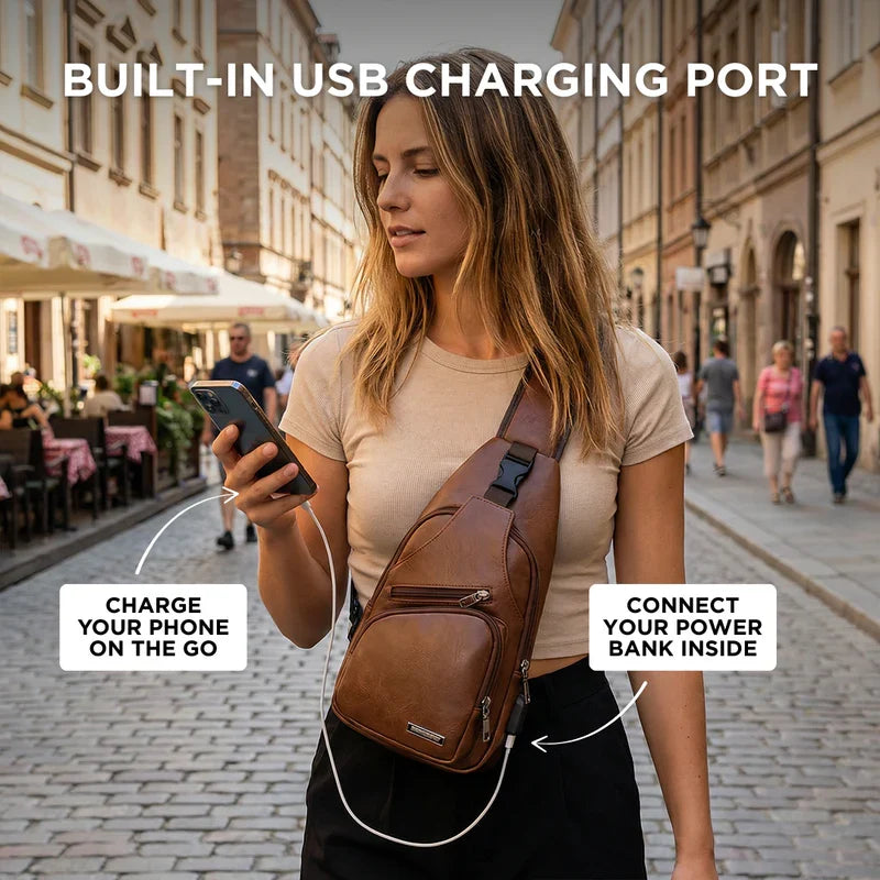 Crossbody Leather Bag Featuring Anti-Theft Design and USB Port