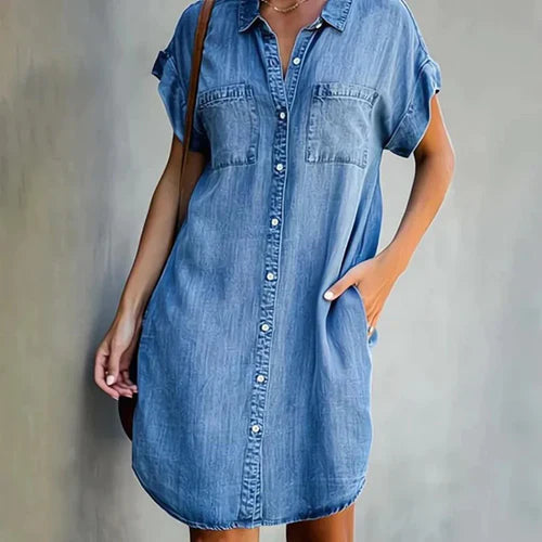 Women's Shirt Dress in Denim Look with Front Buttons and Pockets