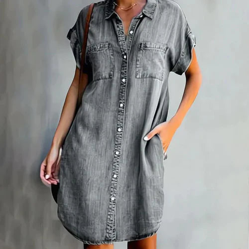 Women's Shirt Dress in Denim Look with Front Buttons and Pockets