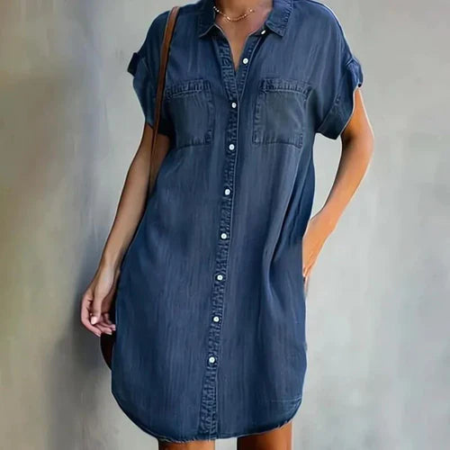 Women's Shirt Dress in Denim Look with Front Buttons and Pockets