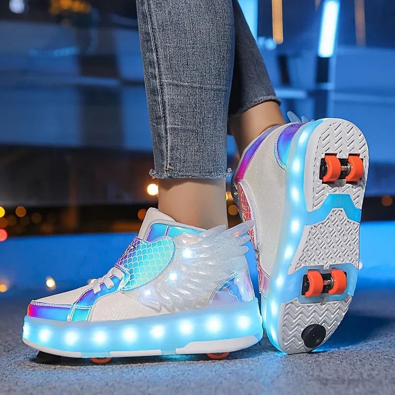 USB Rechargeable Roller Skating Sneakers with Wings for Girls and Teens