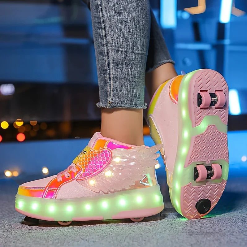 USB Rechargeable Roller Skating Sneakers with Wings for Girls and Teens