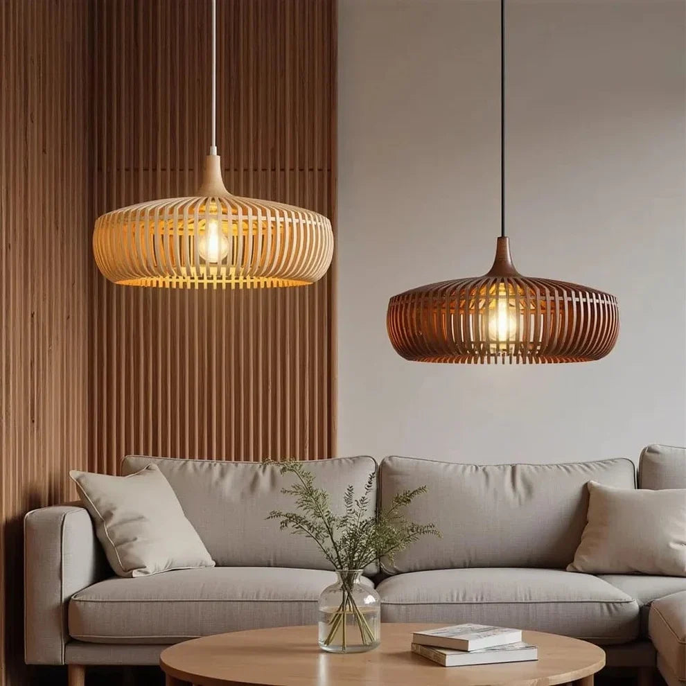 Minimalist Round Ceiling Light in Japanese Wood - Wabi Sabi Design
