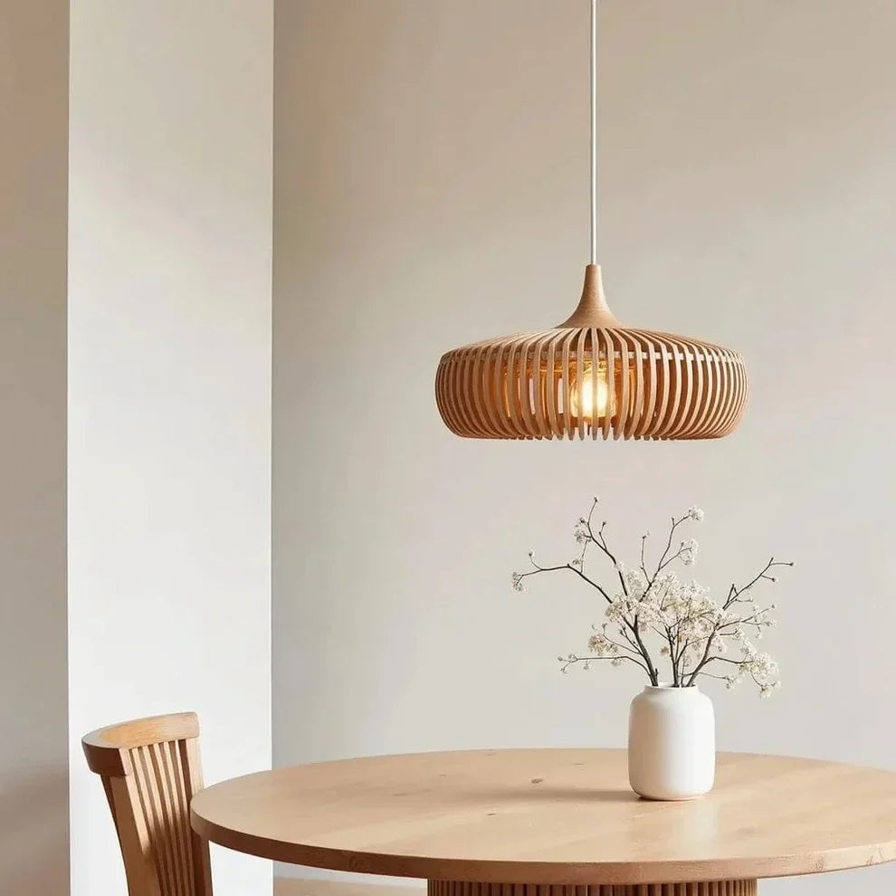 Minimalist Round Ceiling Light in Japanese Wood - Wabi Sabi Design