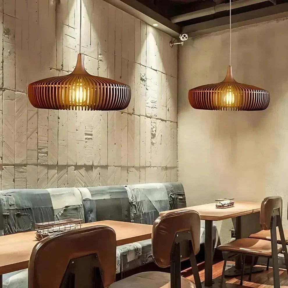 Minimalist Round Ceiling Light in Japanese Wood - Wabi Sabi Design