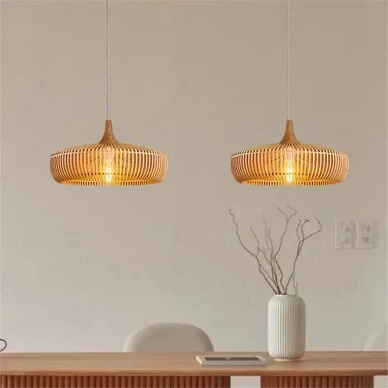 Minimalist Round Ceiling Light in Japanese Wood - Wabi Sabi Design