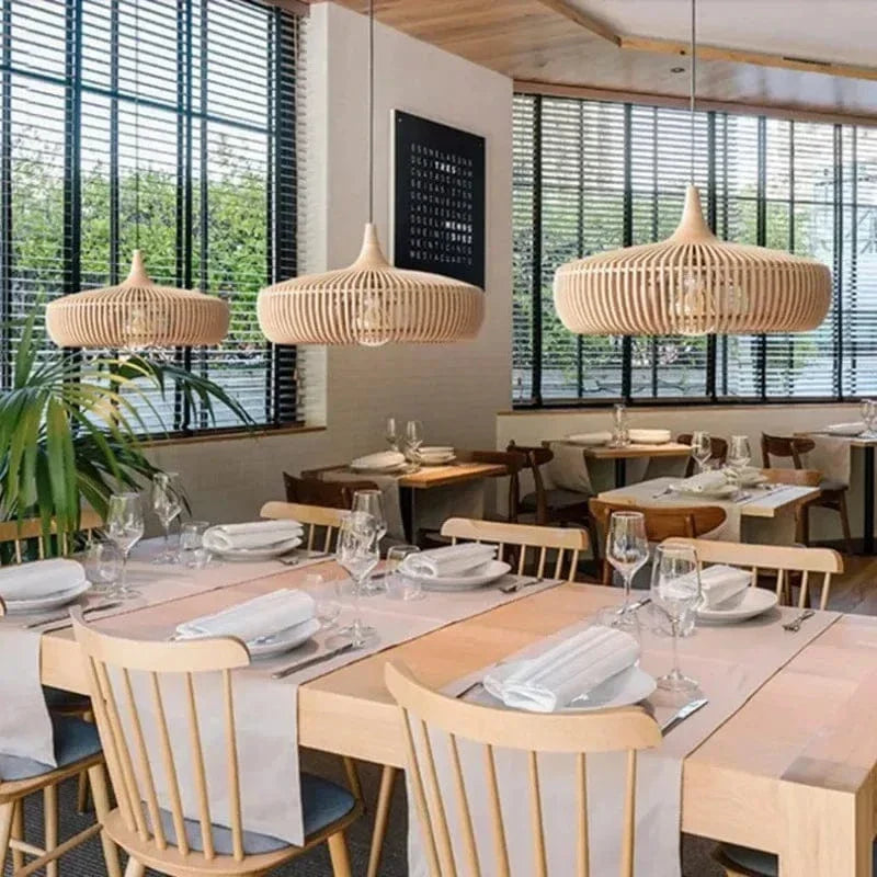 Minimalist Round Ceiling Light in Japanese Wood - Wabi Sabi Design