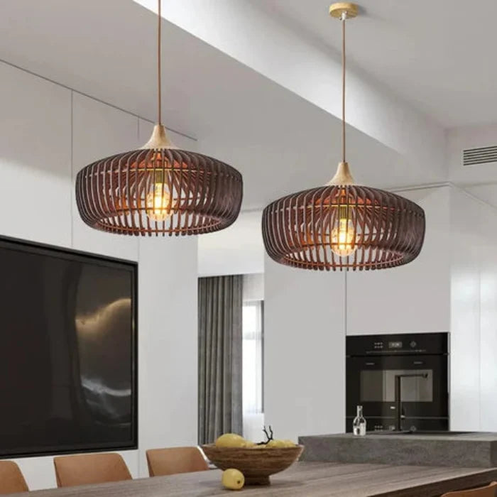 Minimalist Round Ceiling Light in Japanese Wood - Wabi Sabi Design
