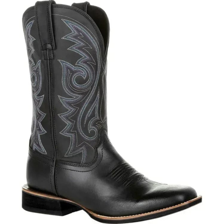 Men's Mid Calf Western Boots in Leather with Retro Embroidery