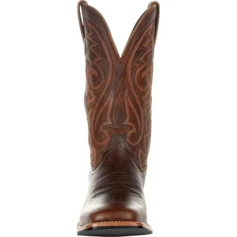 Men's Mid Calf Western Boots in Leather with Retro Embroidery