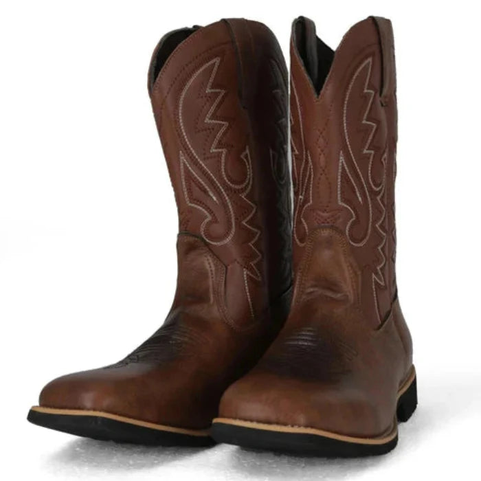 Men's Mid Calf Western Boots in Leather with Retro Embroidery