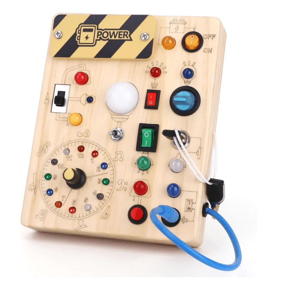 Wooden Sensory Activity Board with LED Lights – Montessori Busy Board Toy