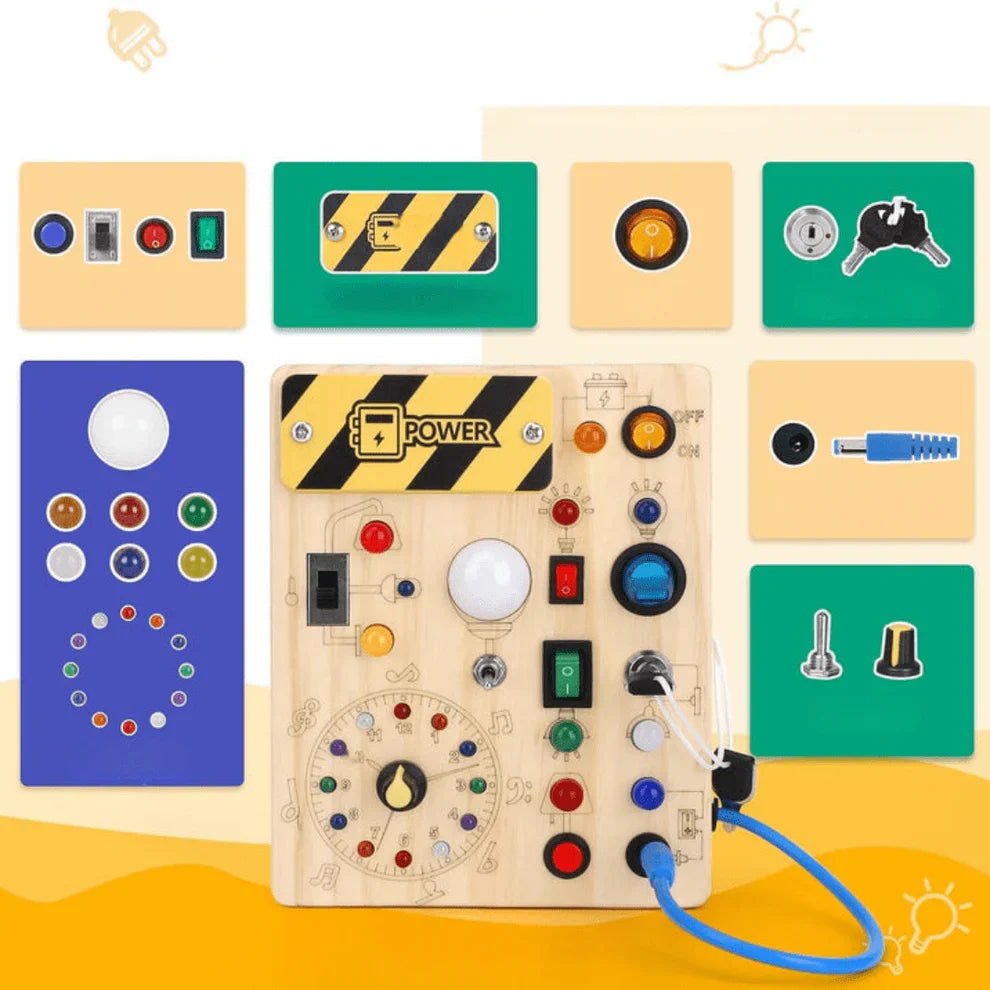 Wooden Sensory Activity Board with LED Lights – Montessori Busy Board Toy
