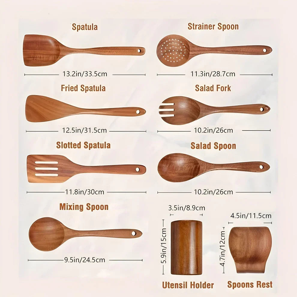 9-Piece Cooking Tool Set in Teak Wood with Storage Holder