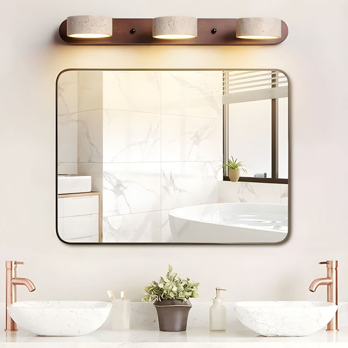 Modern LED Wall Light with Natural Travertine and Wood Design