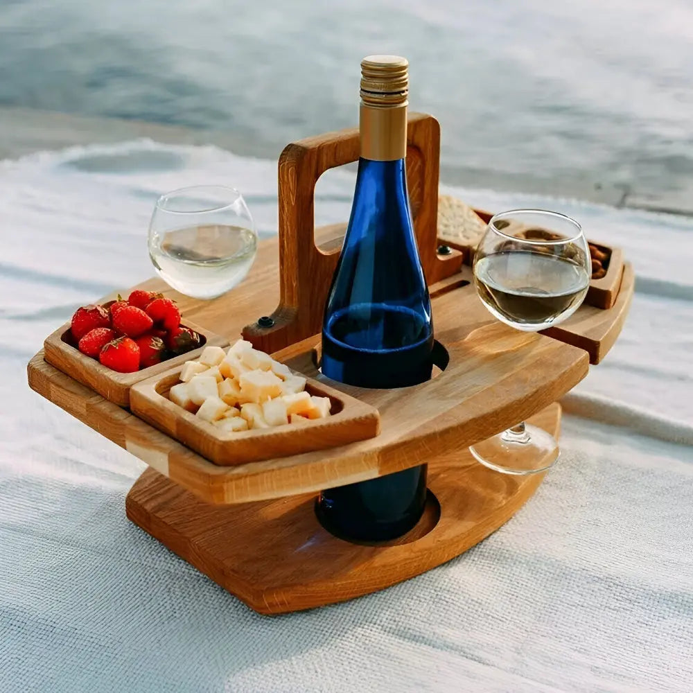Portable Wooden Picnic Table with Compartments for Snacks and Wine
