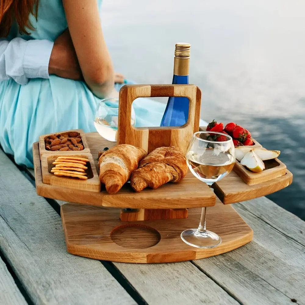 Portable Wooden Picnic Table with Compartments for Snacks and Wine