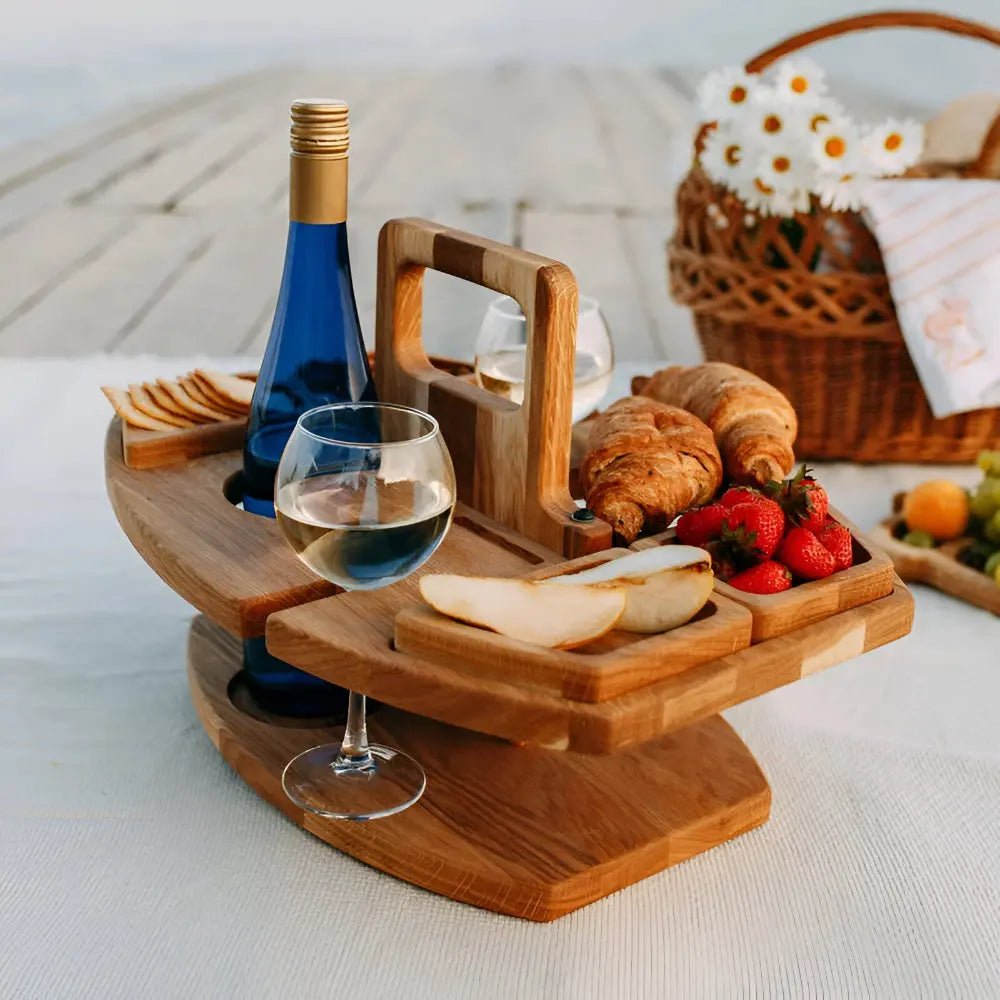 Portable Wooden Picnic Table with Compartments for Snacks and Wine