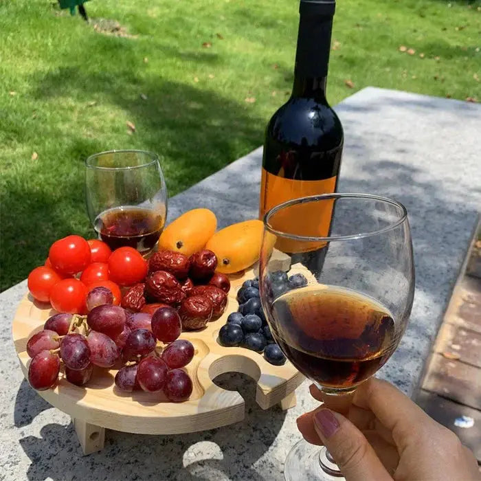Compact Wooden Picnic Table with 4 Glass Holders and Snack Sections