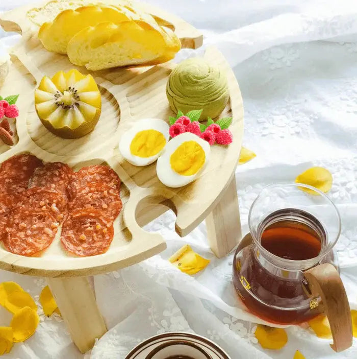 Compact Wooden Picnic Table with 4 Glass Holders and Snack Sections