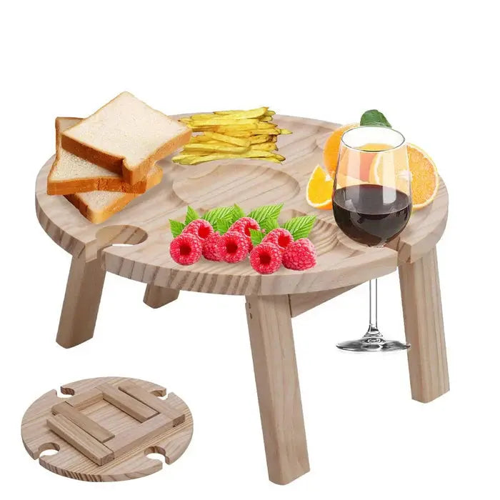 Compact Wooden Picnic Table with 4 Glass Holders and Snack Sections