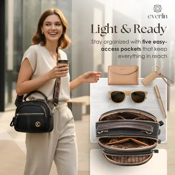 Lightweight Compact Crossbody Bag in Faux Leather with Organized Pockets