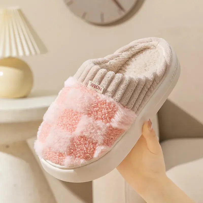 Cozy Checkered Slippers with Warm Lining and Non-Slip Sole