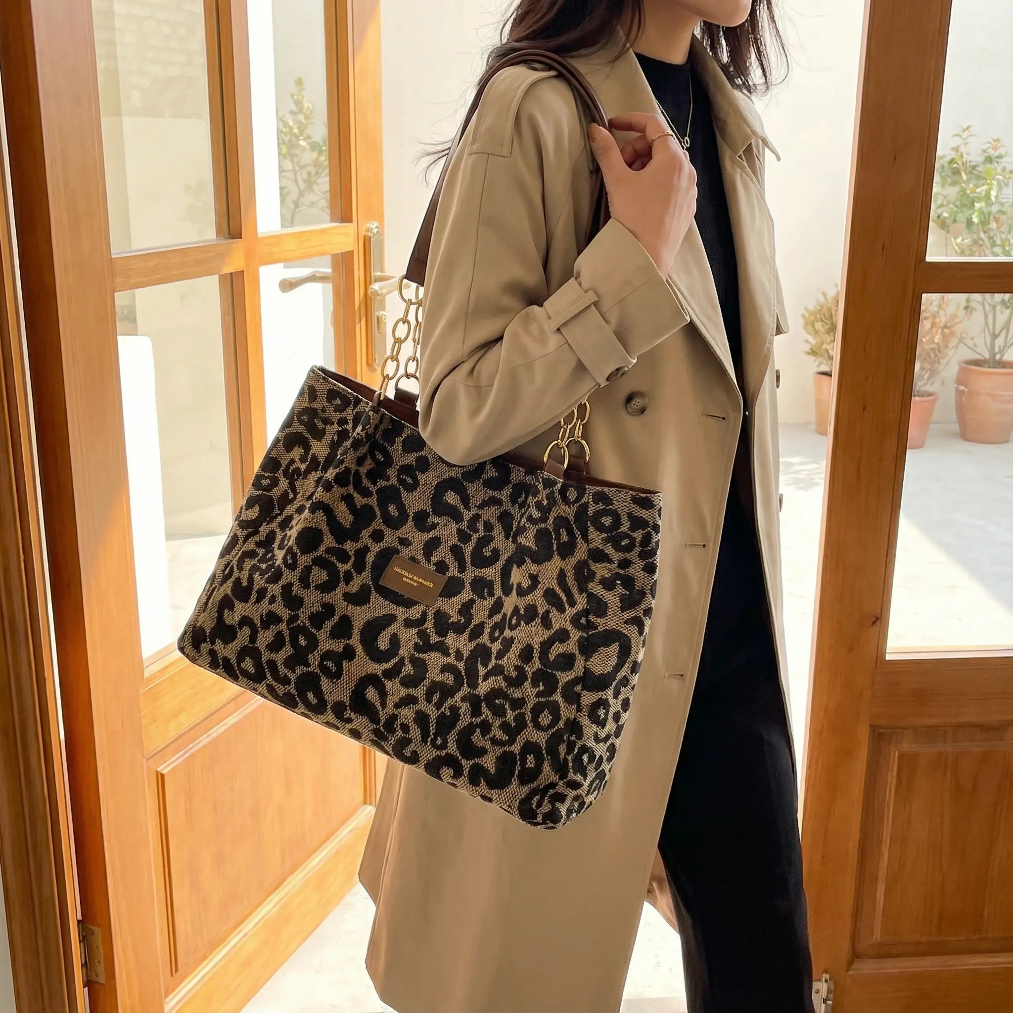Leopard Print Canvas Tote with Gold Chain Handles
