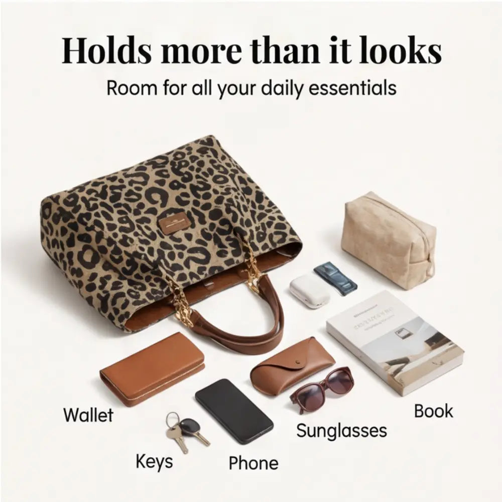 Leopard Print Canvas Tote with Gold Chain Handles