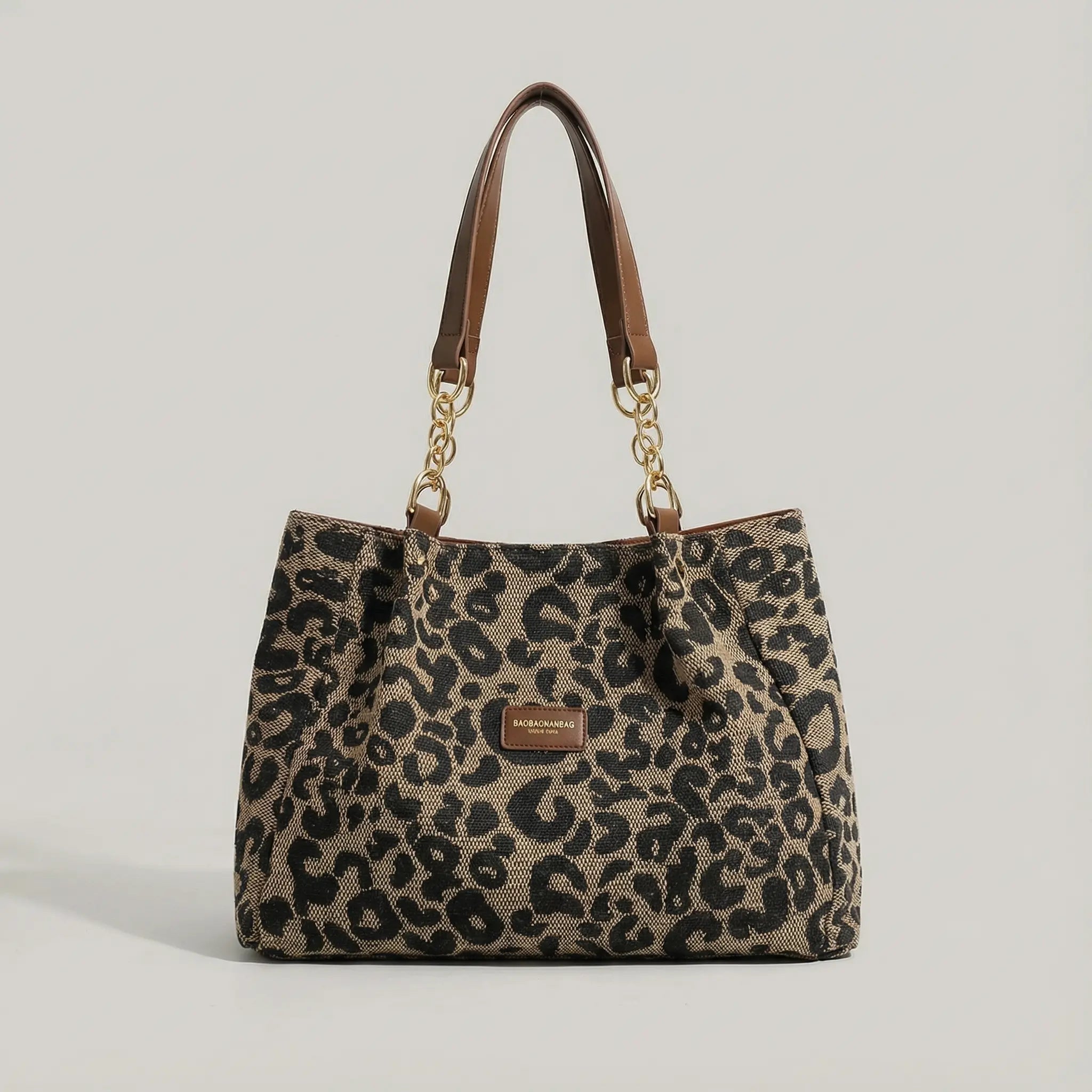 Leopard Print Canvas Tote with Gold Chain Handles