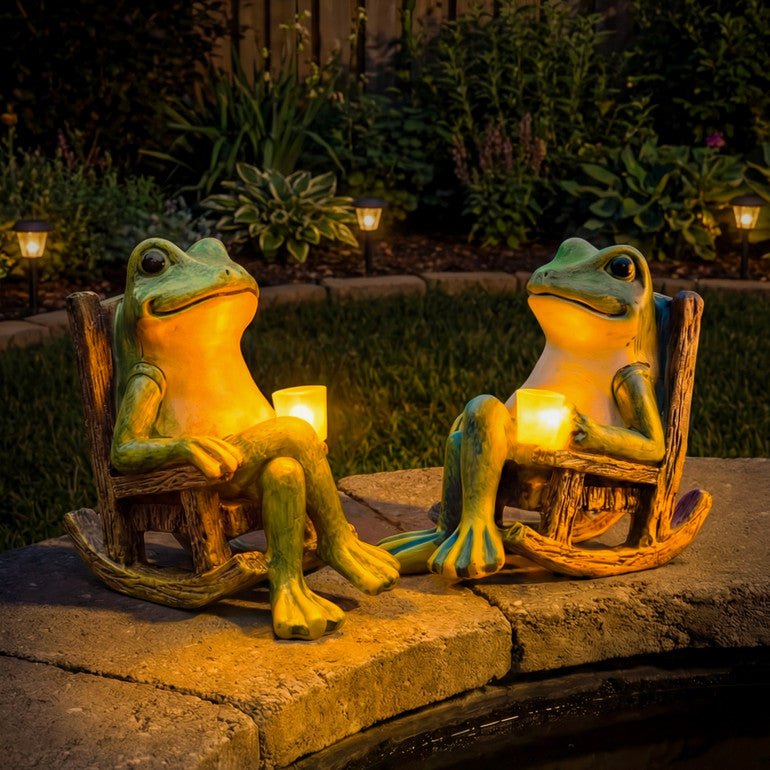 Solar Garden Frog Figurine | Warm White LED Light | Automatic Dusk Switch