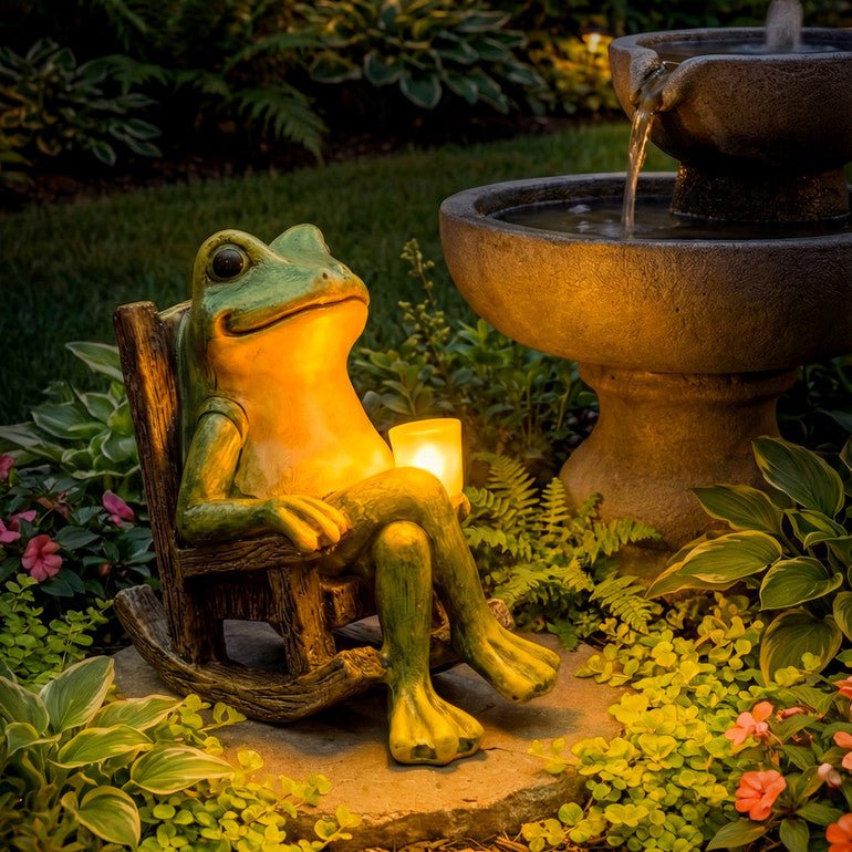 Solar Garden Frog Figurine | Warm White LED Light | Automatic Dusk Switch