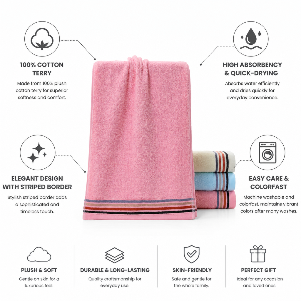 100% Cotton Terry Plush & Quick-Drying Bath Towel (Striped Border)