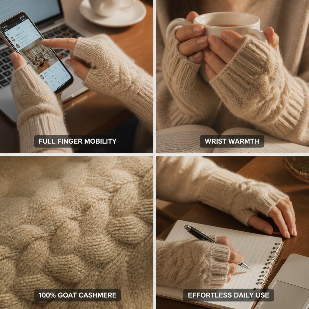 100% Goat Cashmere Wrist-Length Fingerless Gloves (Women's One Size)