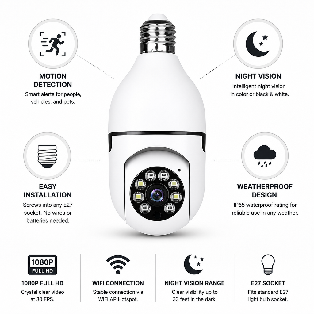 1080P Night Vision & Motion Detection Light Bulb Security Camera (E27 Socket)