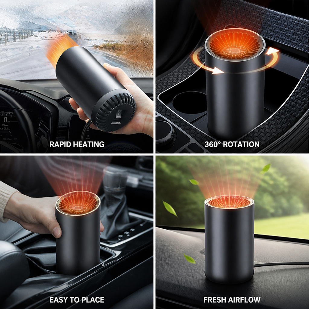 12V Fast-Heating 360° Rotating Car Heater (Cup-Holder Mount)