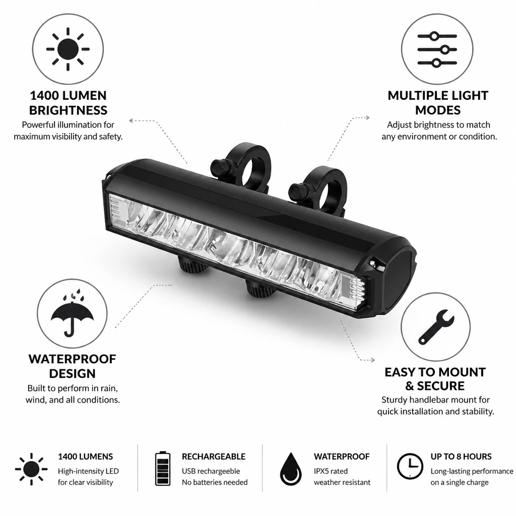 1400 Lumen USB-Rechargeable & Waterproof Bike Light (Handlebar Mount)