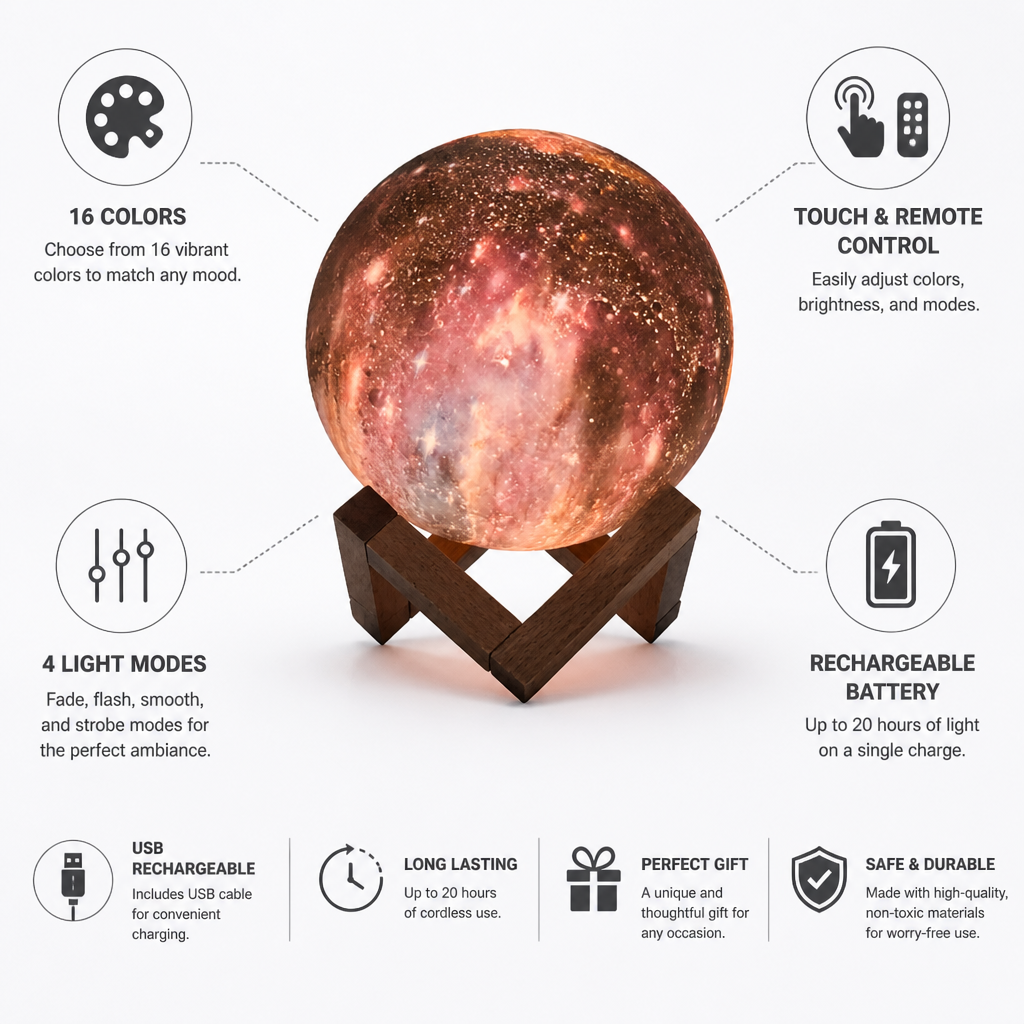 16-Color Touch & Remote Moon Lamp (USB Rechargeable)