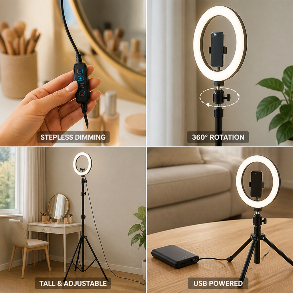 3-Color Stepless-Dim USB Ring Light With Stand