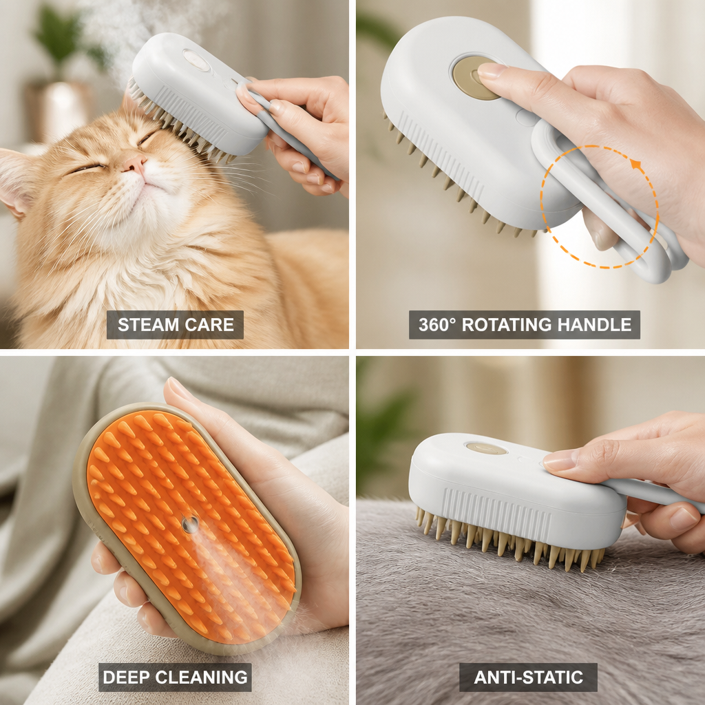 3-In-1 Steam Anti-Static Pet Brush (360° Rotating Handle)
