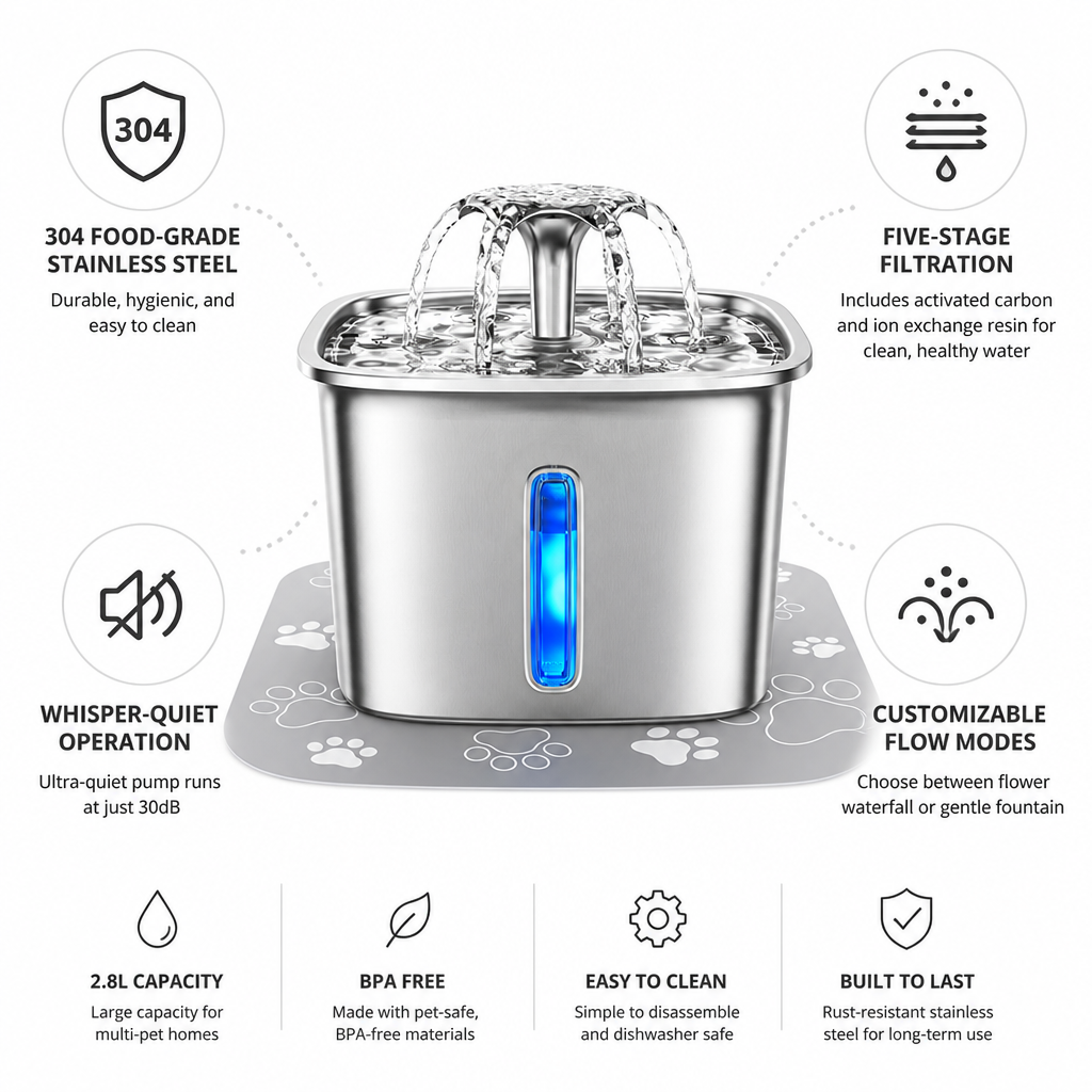 304 Food-Grade Stainless Steel & Five-Stage Filtration Cat Water Fountain