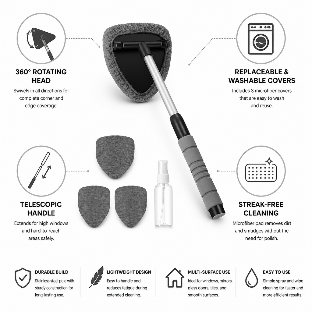 360-Degree Rotating Microfiber Window Cleaner (Telescopic Handle & 3 Replacements)