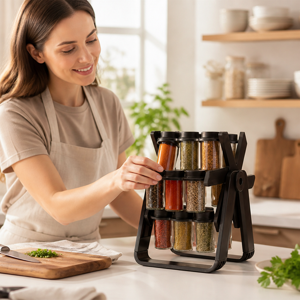 360° Rotating Compact Lead-Free Glass Spice Rack (18 Jars)