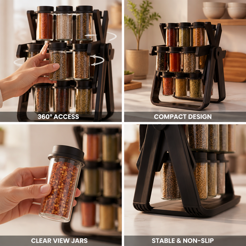 360° Rotating Compact Lead-Free Glass Spice Rack (18 Jars)