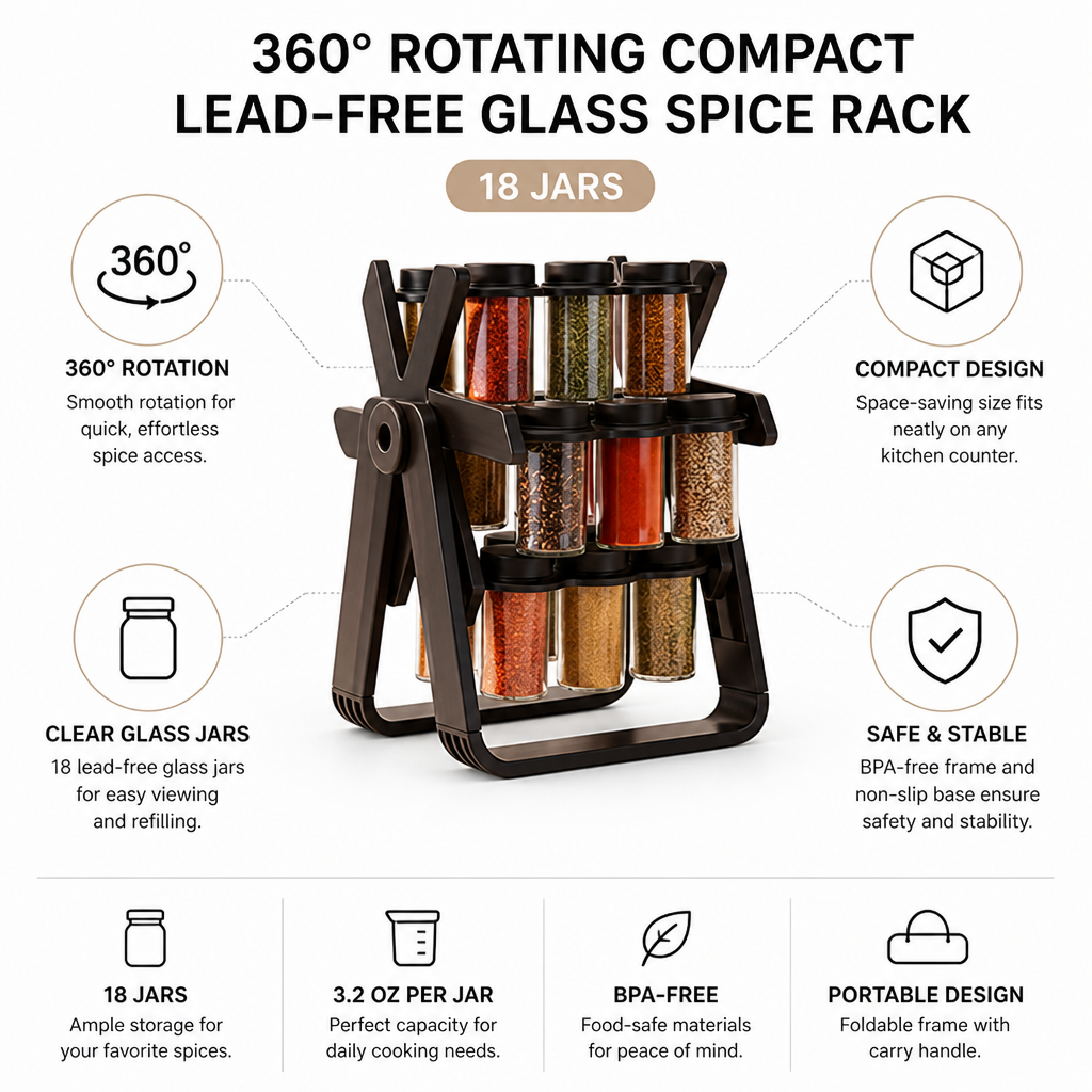 360° Rotating Compact Lead-Free Glass Spice Rack (18 Jars)