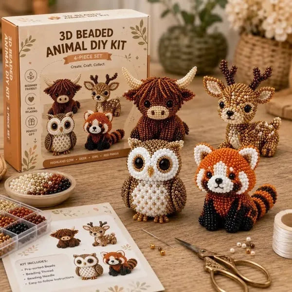3D Bead Craft Kit Beginner-Friendly Set of 4 Animals Includes Tools & Instructions