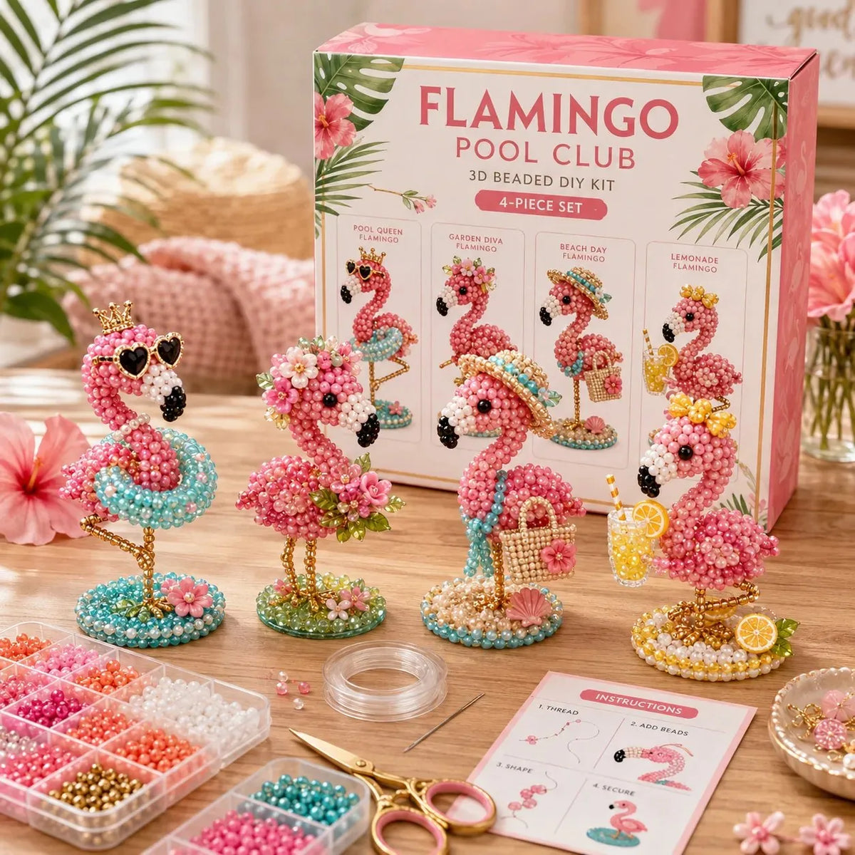 3D Bead Craft Kit Beginner-Friendly Set of 4 Animals Includes Tools & Instructions