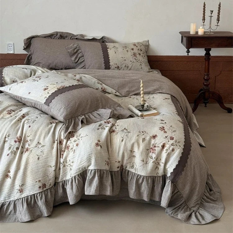 4-Piece Bedding Set Breathable Linen-Cotton Floral & Ruffle