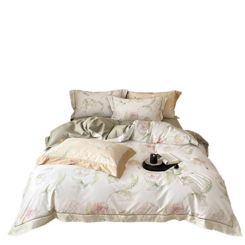 4-Piece Bedding Set Cotton Satin Watercolor Rose Concealed Zipper